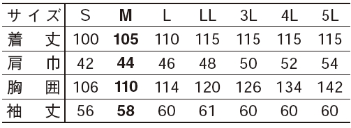 【検査衣】　男性用シングル 診察衣　実験衣 長袖 MR-110の販売価格表のサイズ表